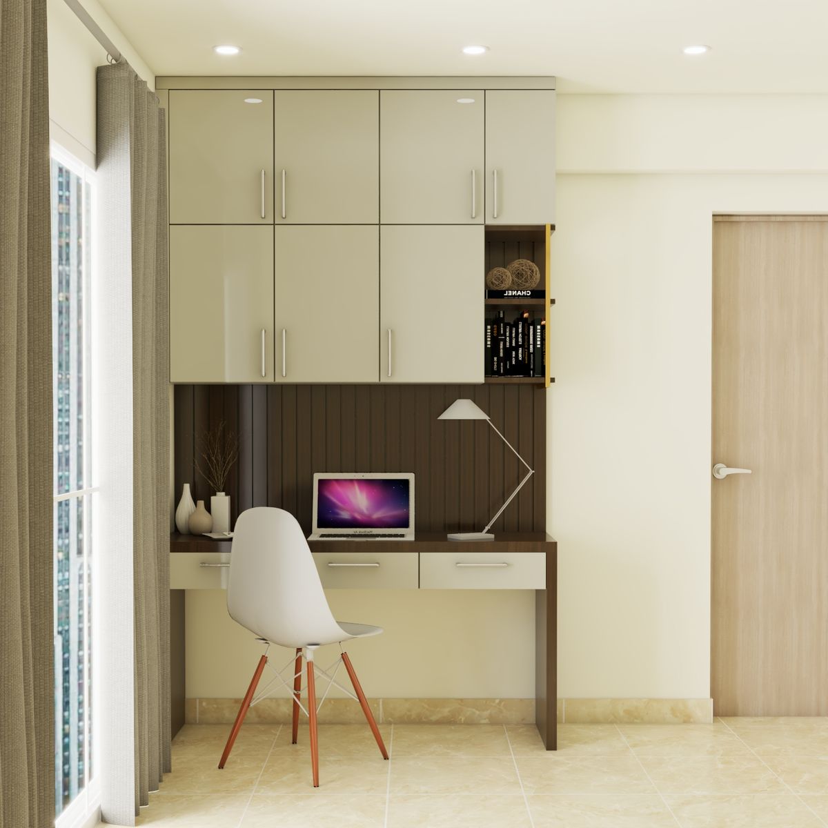 Image showcasing Compact Home Office Design With Wall Storage Units | Livspace