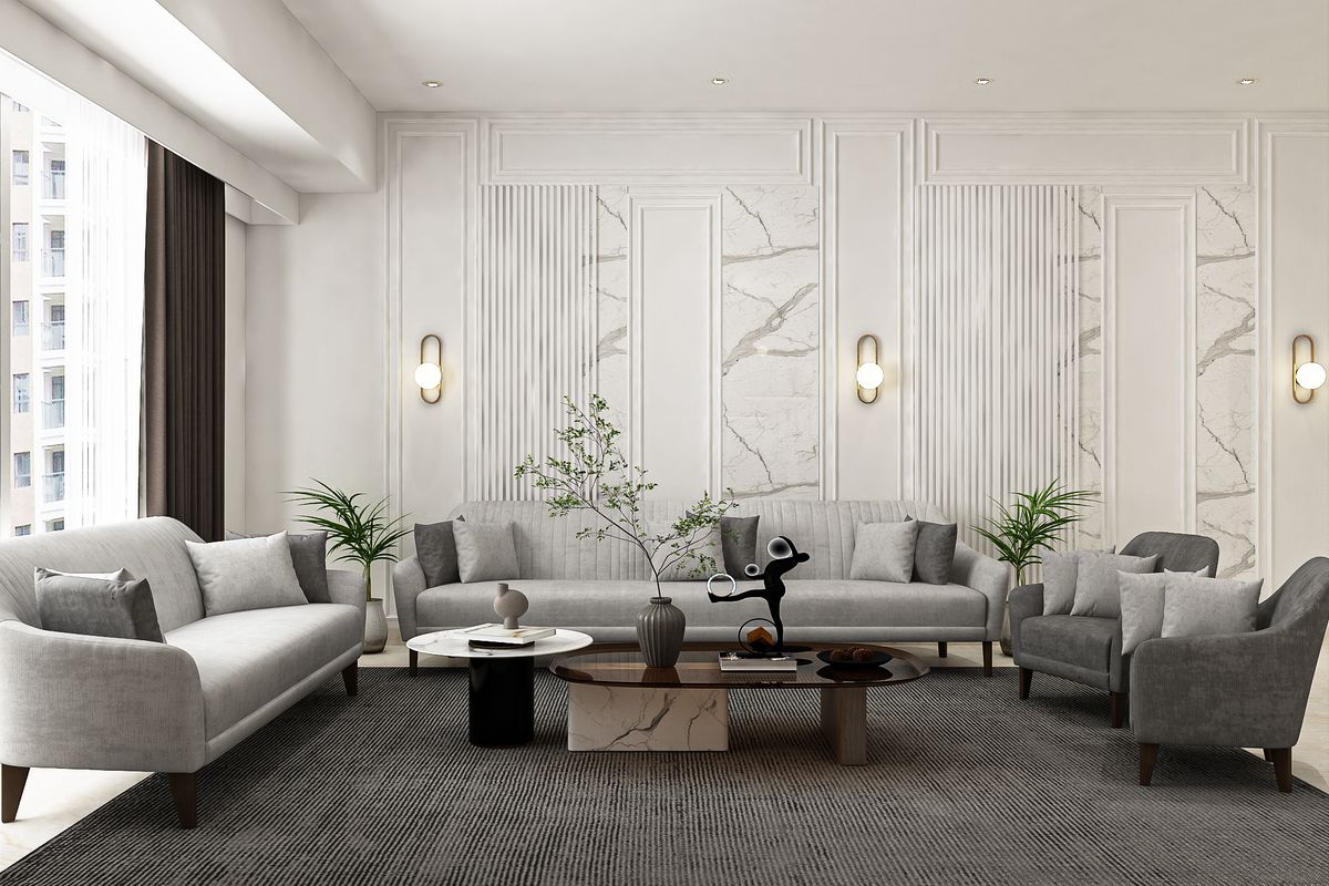 Spacious Living Room Design With Fluted White Marble Panelling For The ...