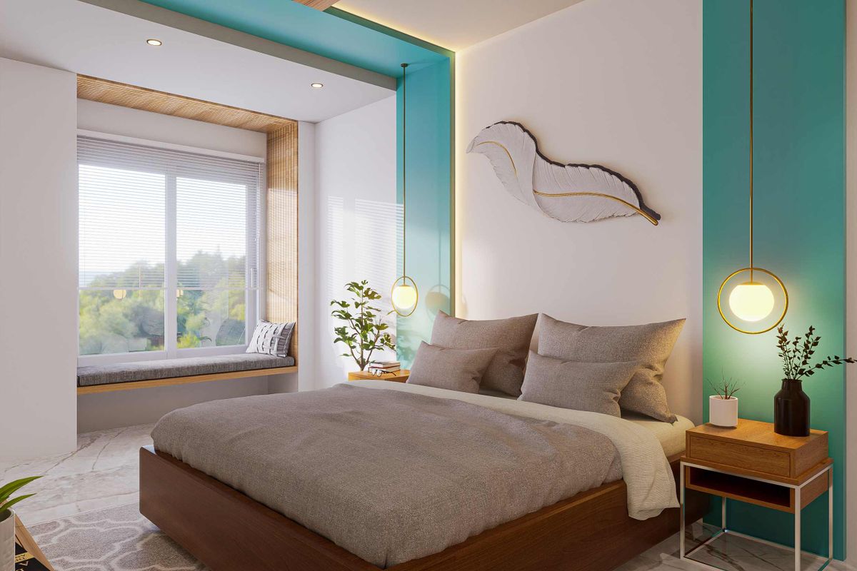 Spacious Bedroom Design With Hanging Lights | Livspace