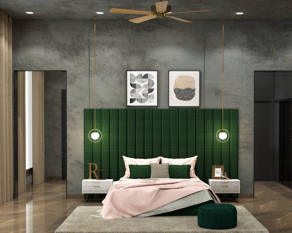 Spacious Bedroom Design With Hanging Lights And Wall Art | Livspace