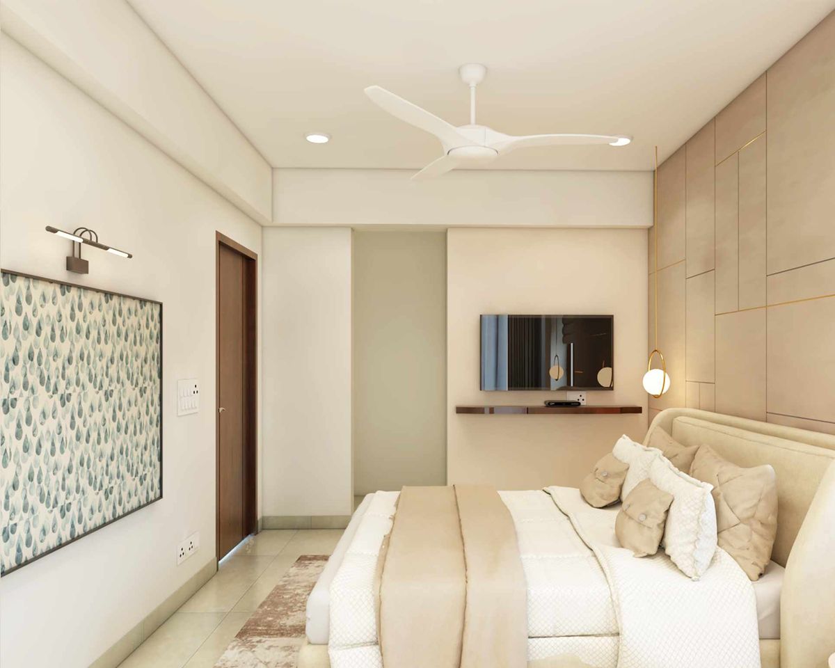 Spacious Bedroom Design With Wall Panelling And Golden Grooves | Livspace
