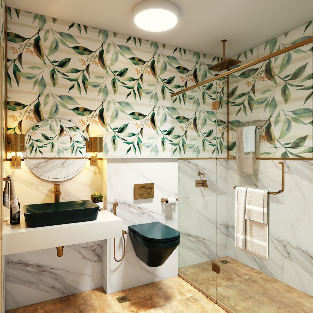 Semi-Glossy Marble And Floral Bathroom Tile Design | Livspace