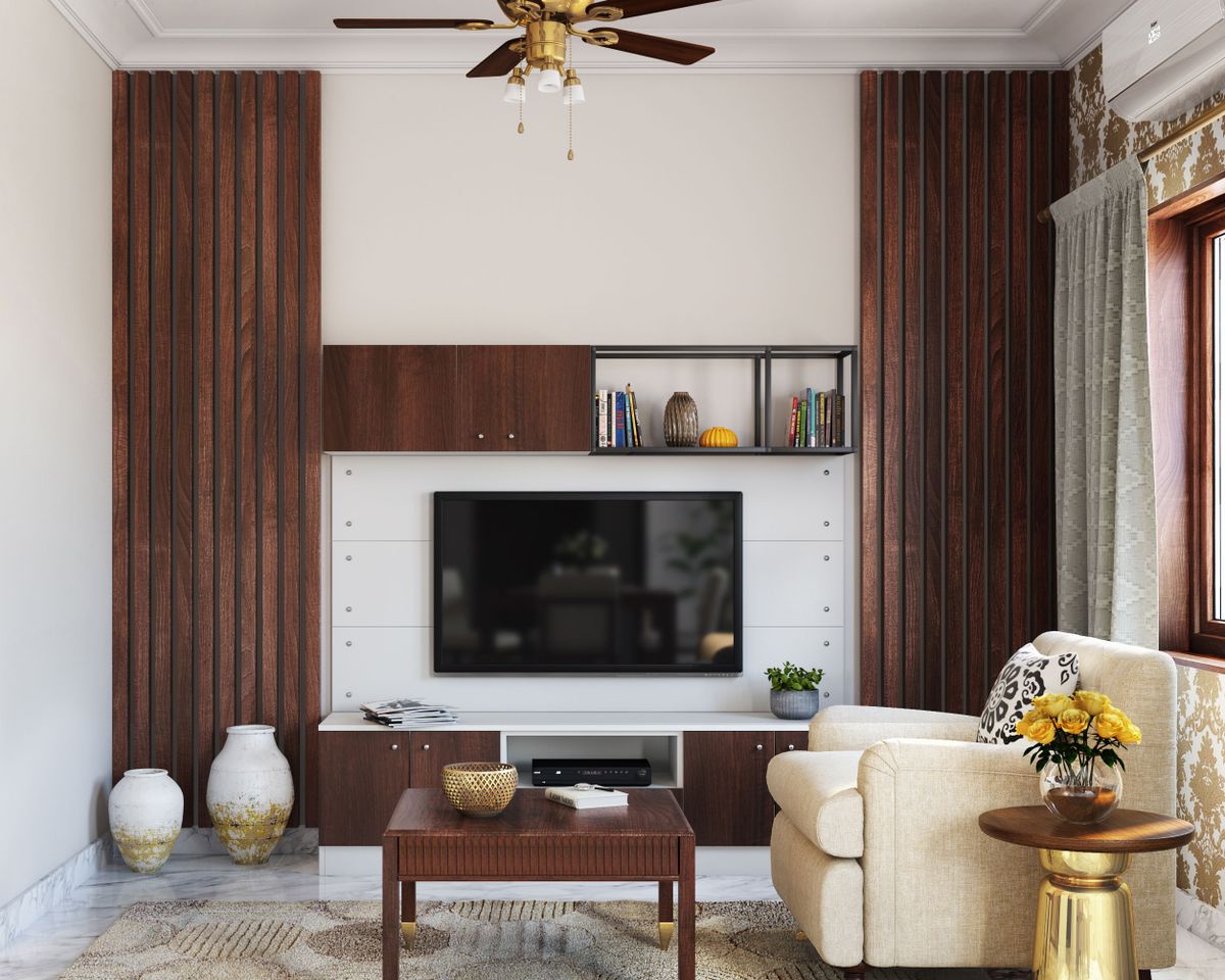 White And Brown Wall Design With Wooden Planks | Livspace