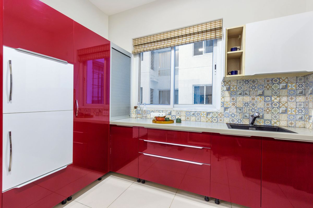 Fire Red And White U Shaped Modular Kitchen Design With Patterned ...