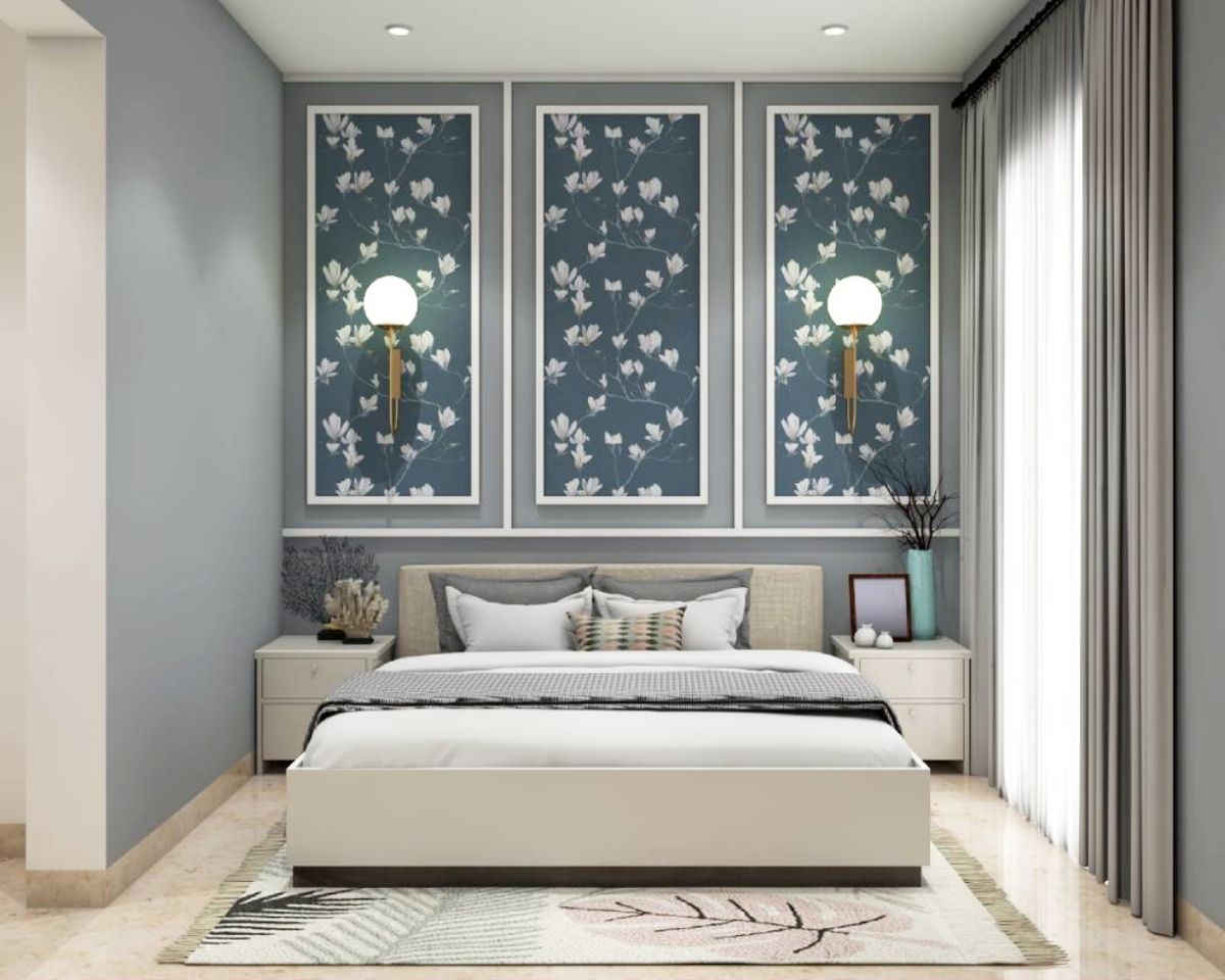 Grey Guest Room Design With Floral Wallpaper | Livspace