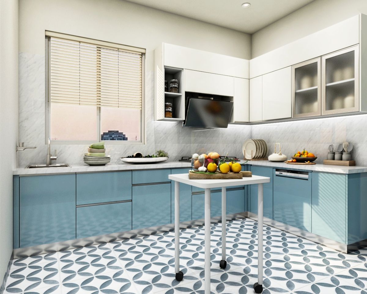 Denim Suedette And White Modular L Shape Kitchen Design With Marble ...