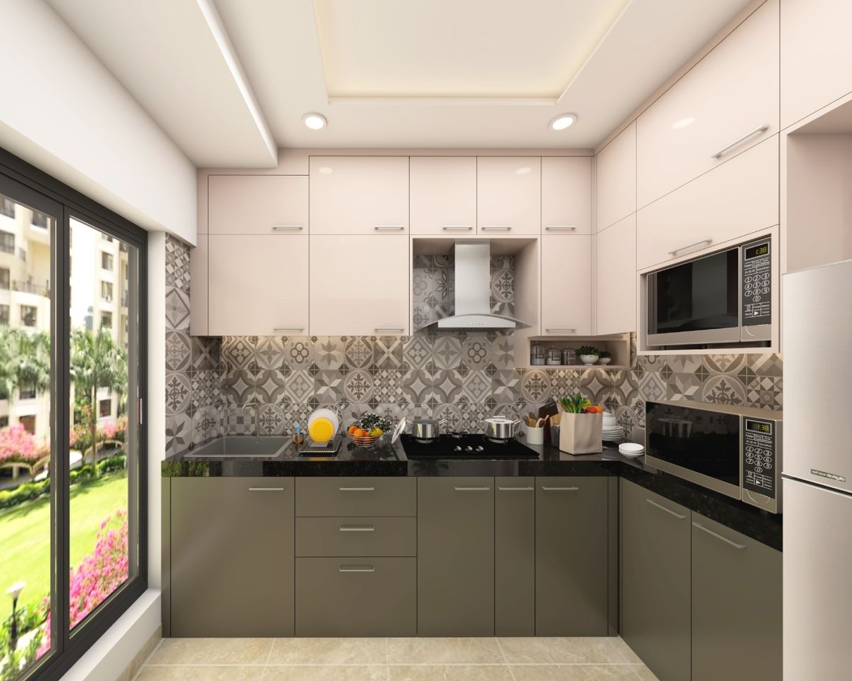 Modular L Shape Kitchen Design With Grey And Black Patterned Dado Tiles ...