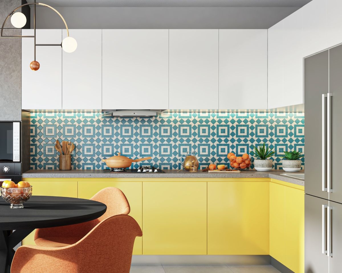 Blue And White High Gloss Ceramic Kitchen Tile Design | Livspace