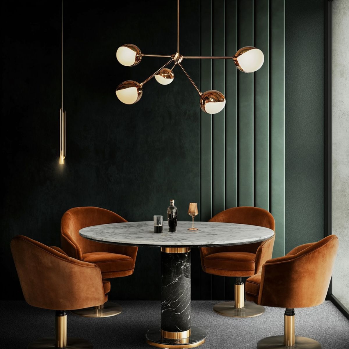 Art Deco Dining Room Design with Dramatic Green Walls, Velvet Seating ...