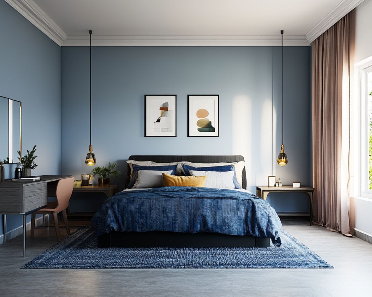 Contemporary Guest Bedroom Design with Blue Walls, Dressing Table, and ...