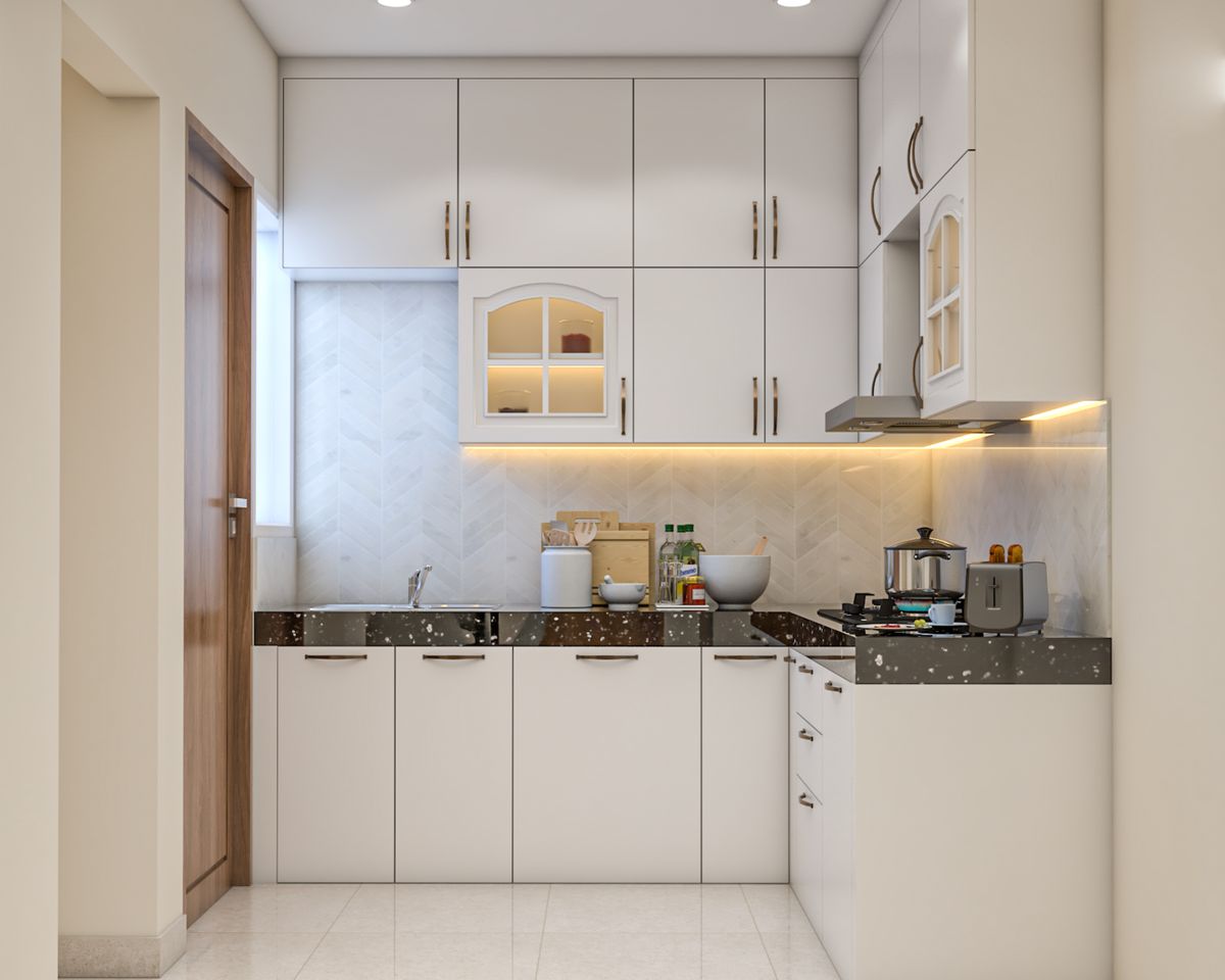 White L-Shaped Contemporary Kitchen Design with Cabinets, Drawers and ...