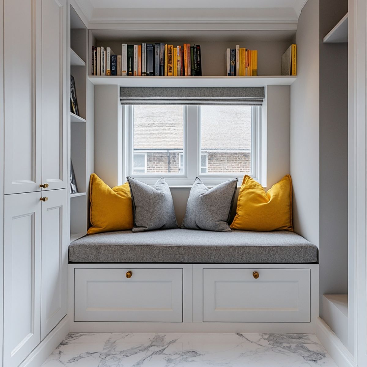 Top View Seating Storage Space-Saving Design Featuring Cozy Window Seat, Built-in Storage, and ...