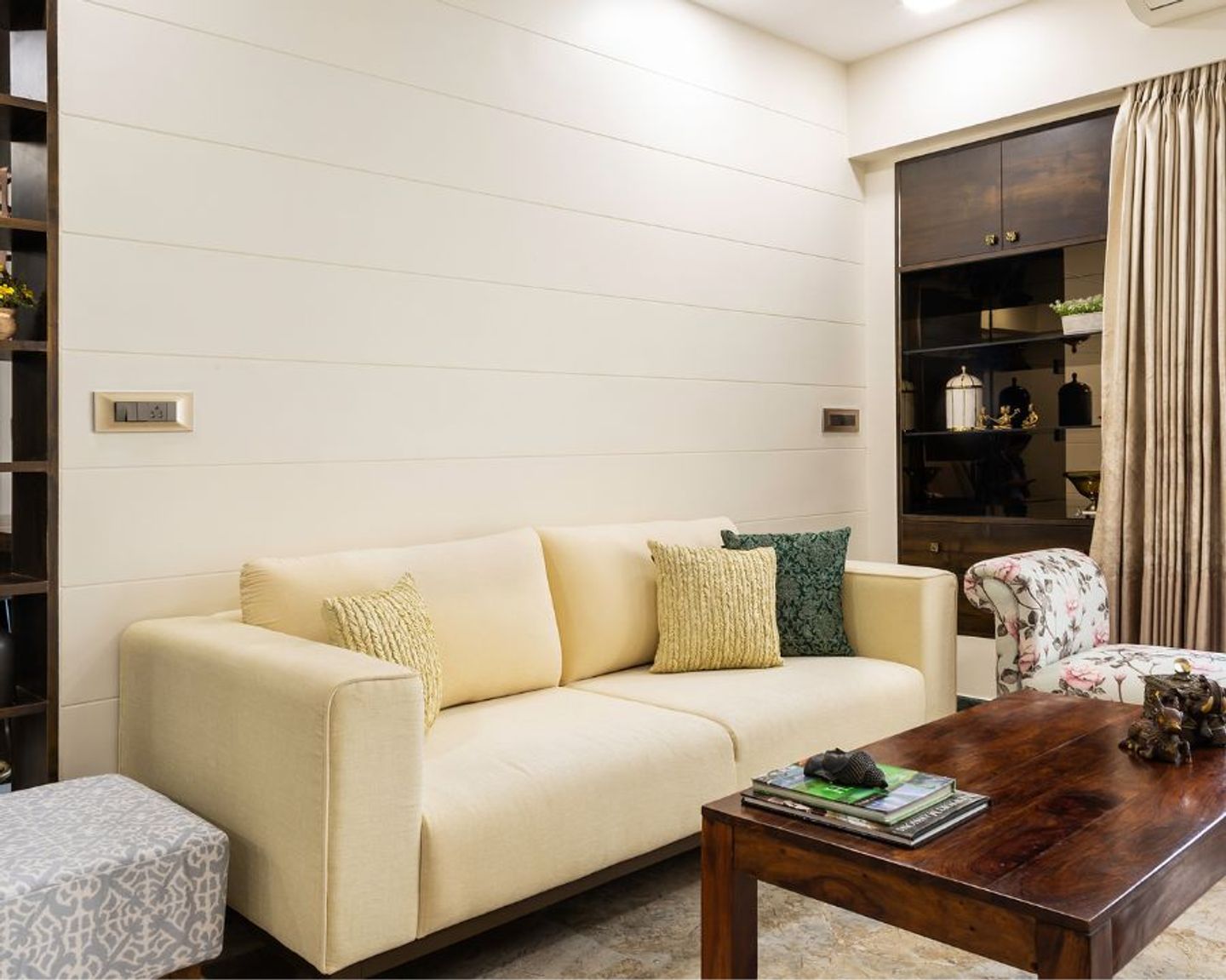 LightColoured Living Room Wall Paint With Wooden Details Livspace