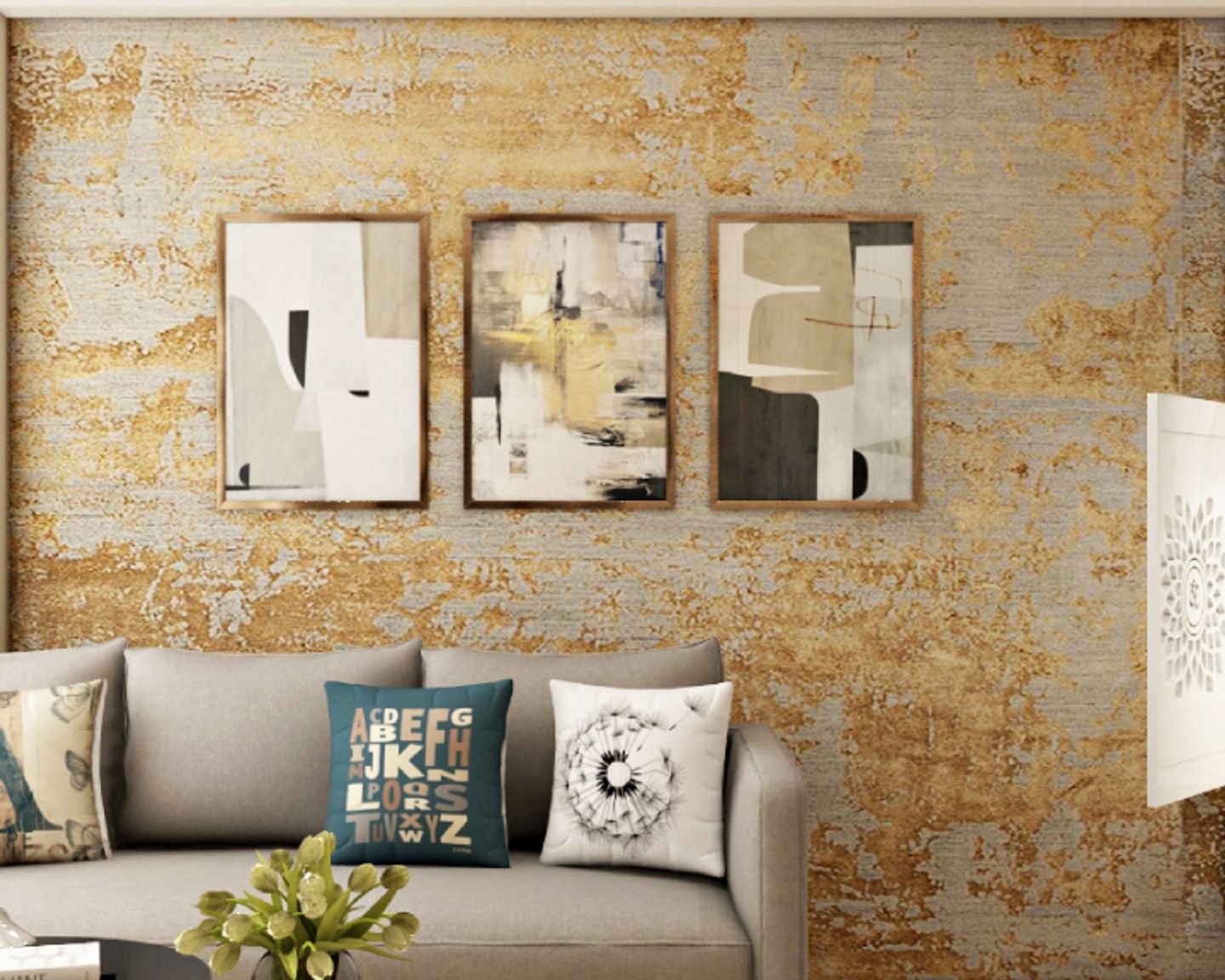 Warm-Toned Wallpaper For Compact Living Rooms | Livspace