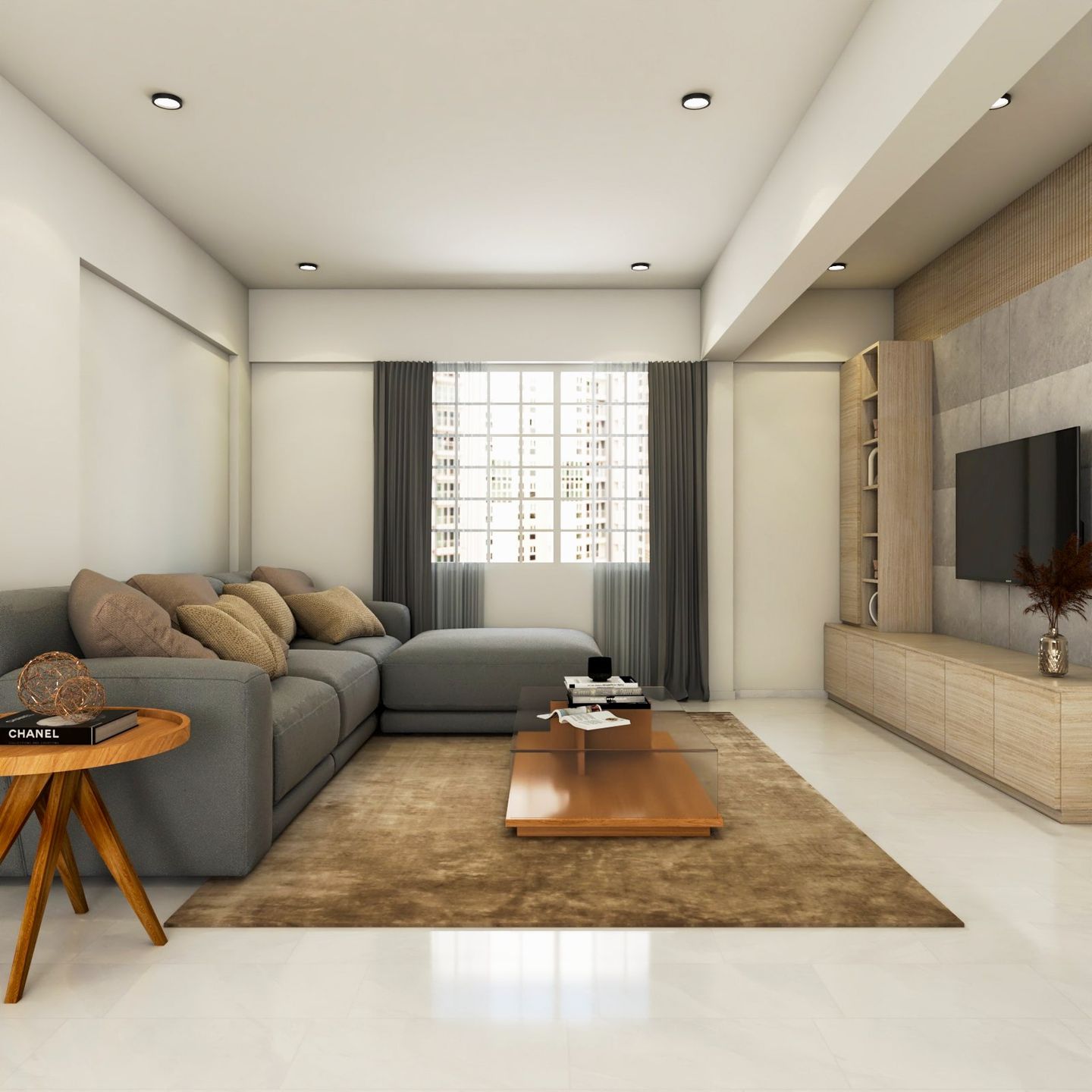 Grey Sofa and Wooden TV Unit in Contemporary Living Room | Livspace