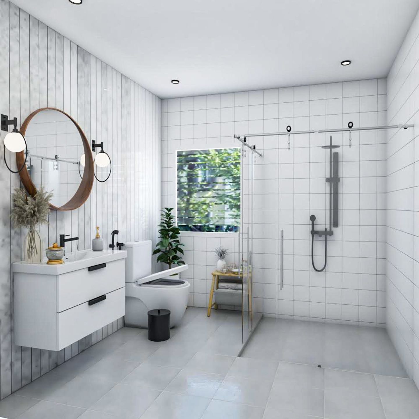 AllWhite Small Bathroom Design With Rectangular And Square Wall Tiles