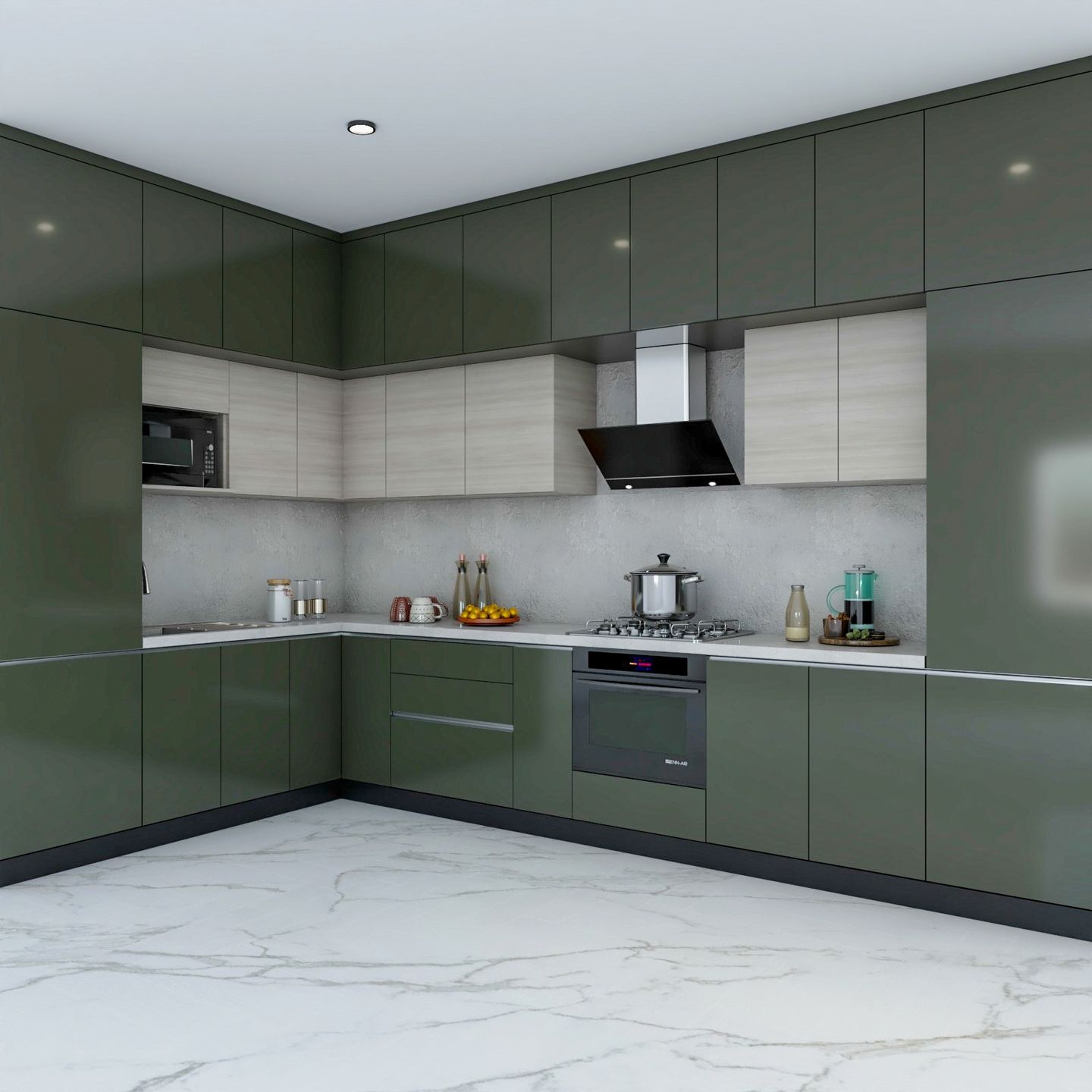 L-shaped Olive Green And Wood Kitchen Cabinet Design 