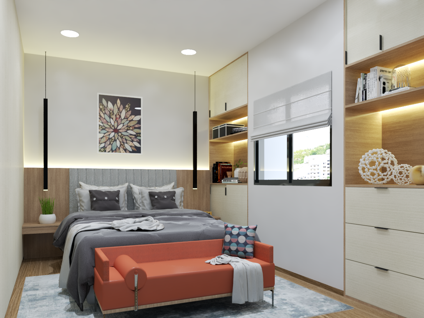 Contemporary Lively Bedroom with Open Storage and Peach Seater | Livspace