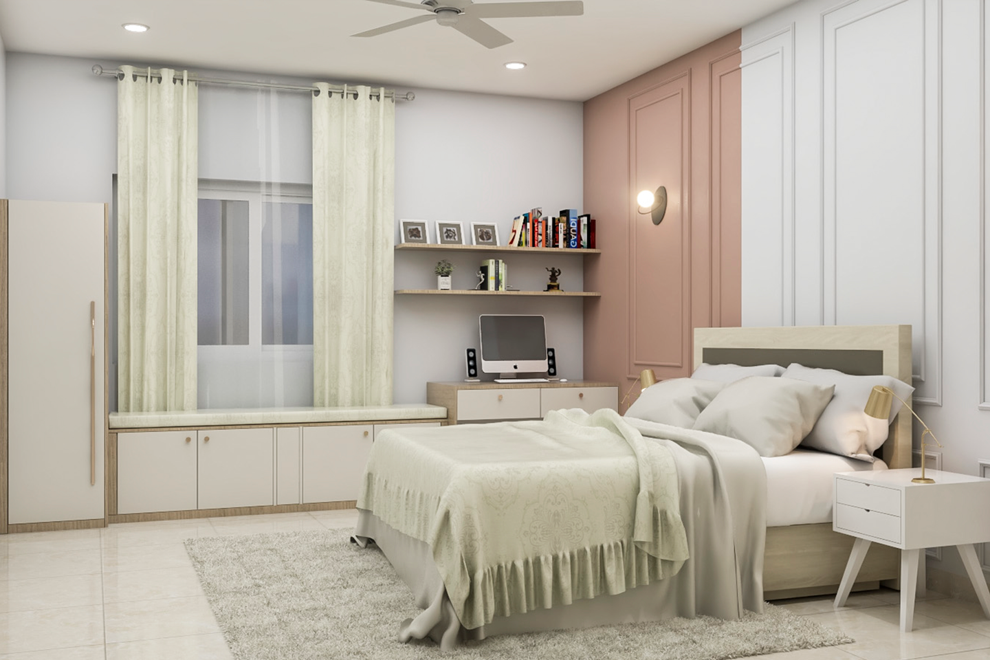 Light-Coloured Wall Paint For Bedrooms With Wall Sconce | Livspace