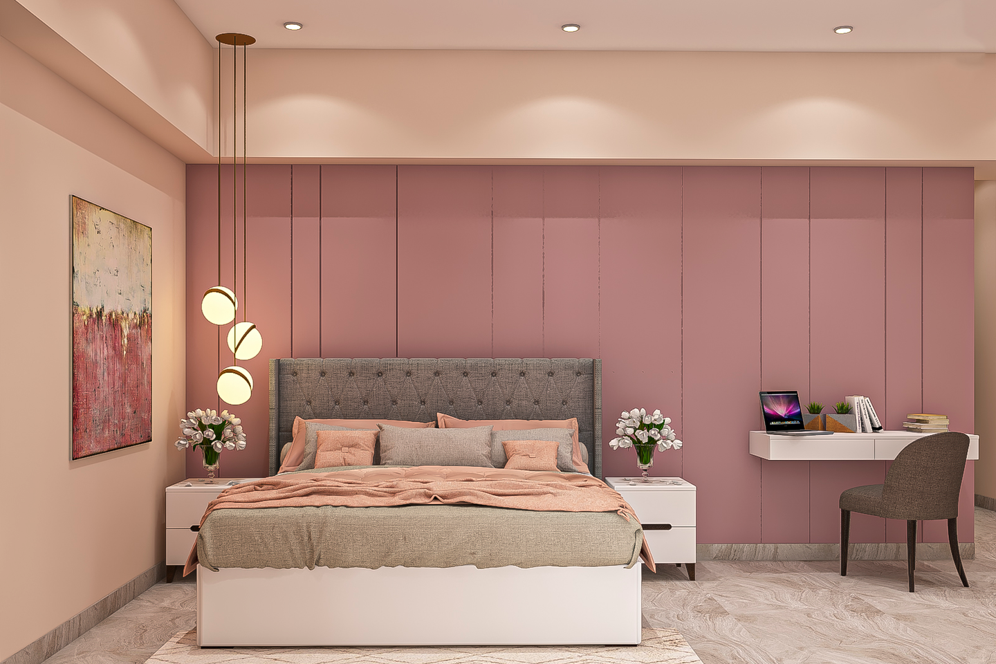 Pink Accent Wall Paint For Beige Bedrooms | Livspace