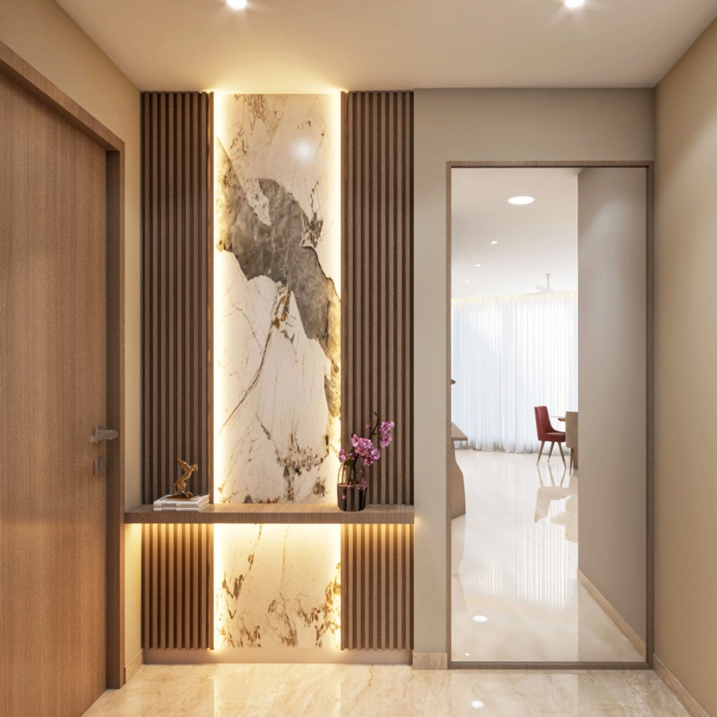 Spacious Foyer Design With Large Marble Tile And Fluted Wall Panels 