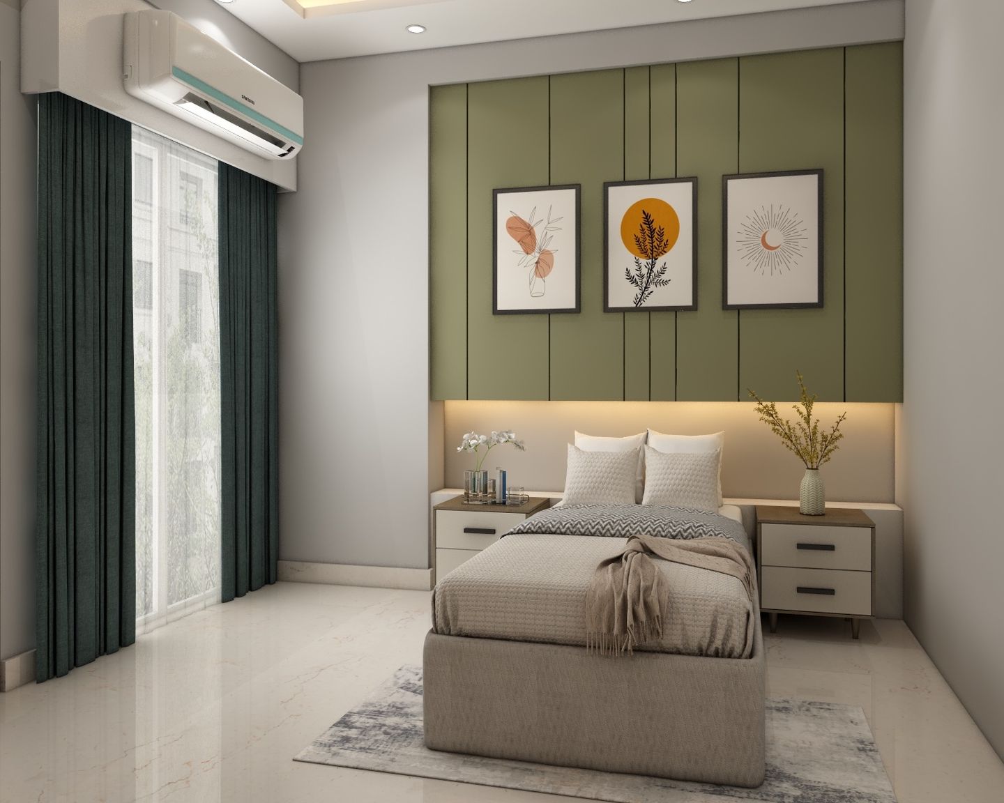 Compact Guest Room Design With Olive Green Panelling | Livspace