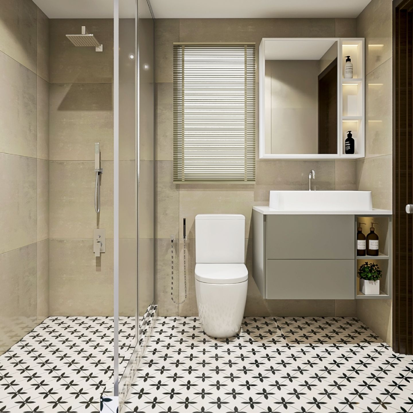 Black And White Square 4-Pointed Star Bathroom Flooring Design | Livspace