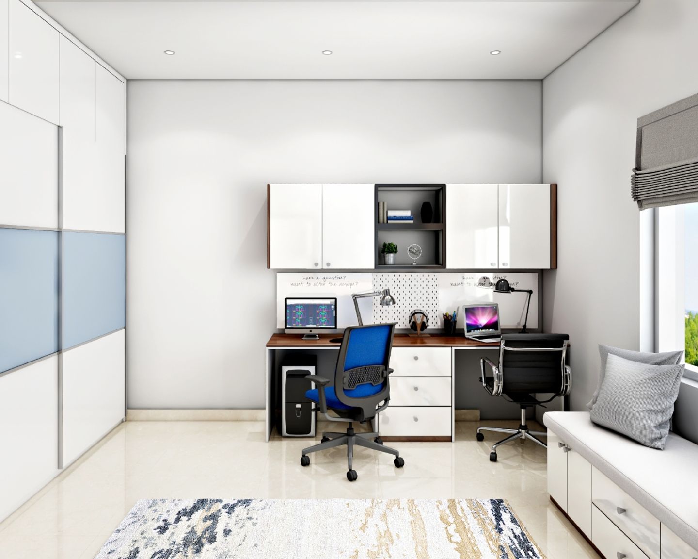 White And Wood Compact Home Office Design | Livspace