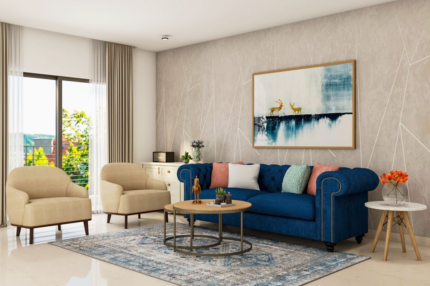 Chic Contemporary Living Room with Dark Blue Chesterfield Sofa | Livspace