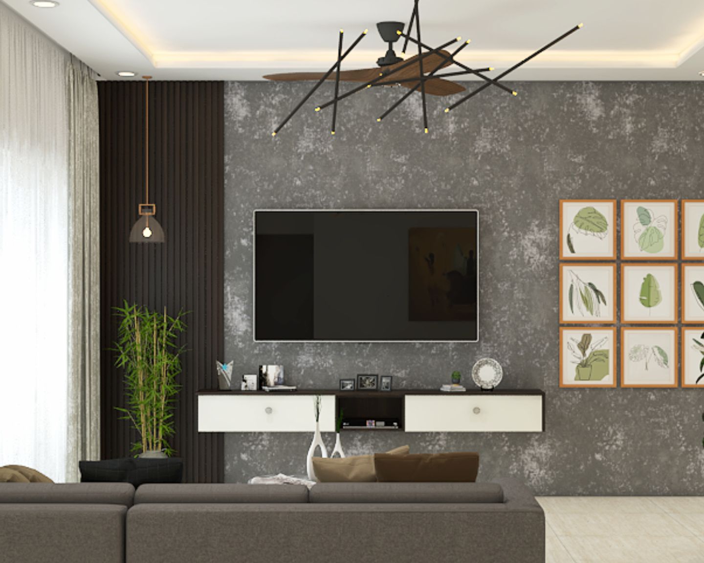 Wall-Mounted White And Wood TV Unit Design With Grey And Wood Wall ...