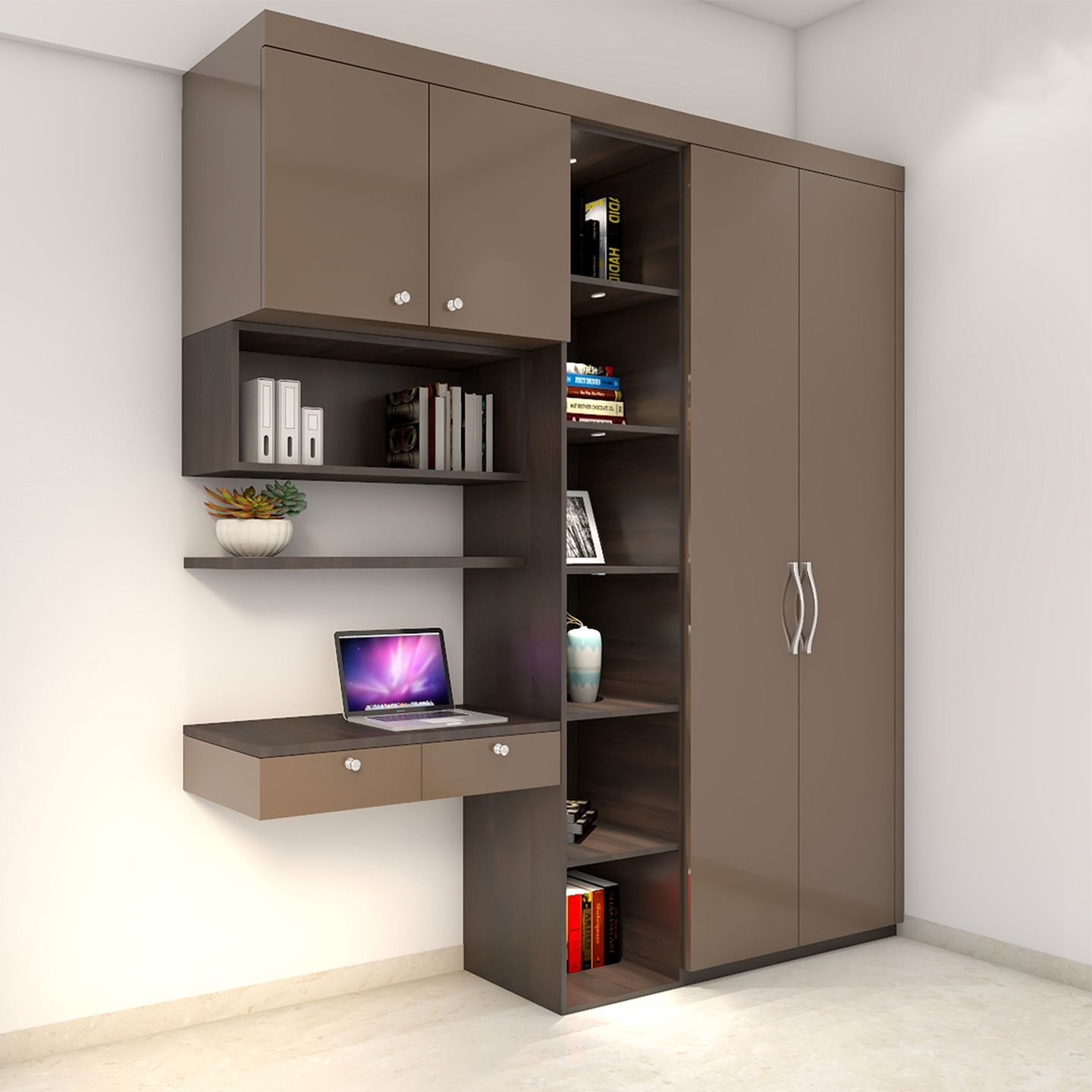 Modern Wardrobe with Open Ledges and Wall-Mounted Study | Livspace