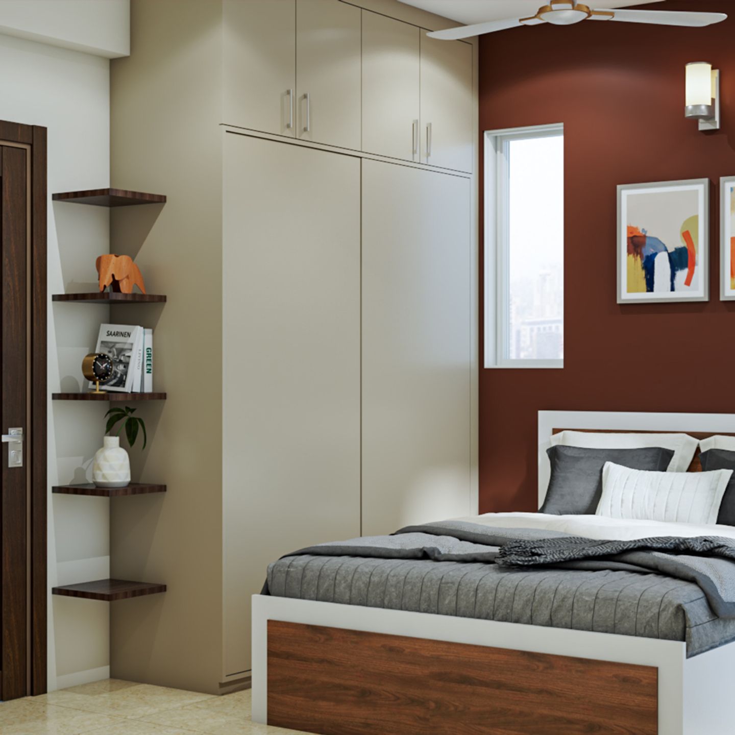 Modern Guest Bedroom Design With Open Ledges And Dark-Shaded Accent ...