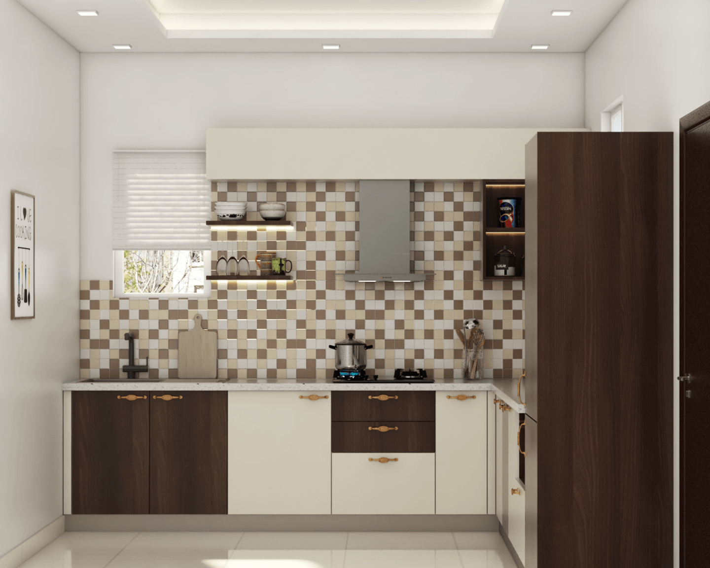Modern Brown And White Themed L-Shaped Kitchen | Livspace