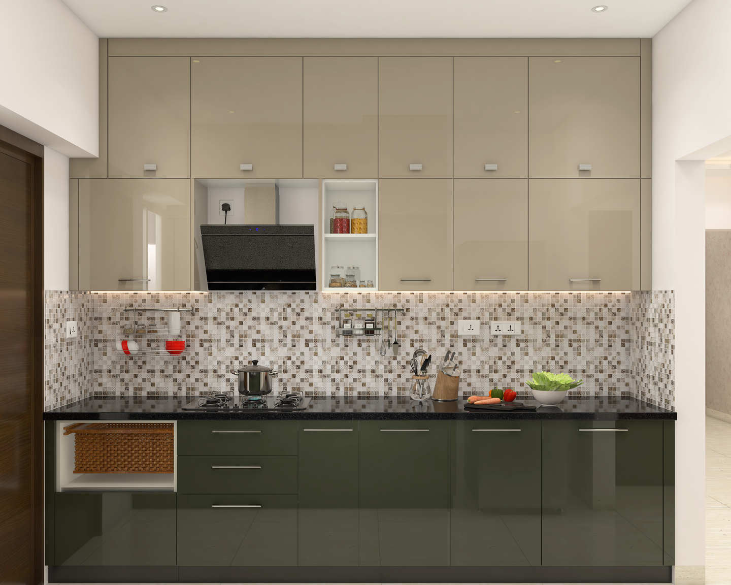Modern Kitchen Design With Dark Olive Green And Beige Cabinets | Livspace