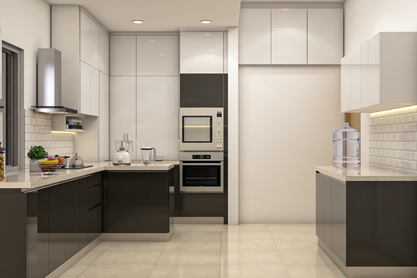 Spacious White And Black Kitchen Design | Livspace