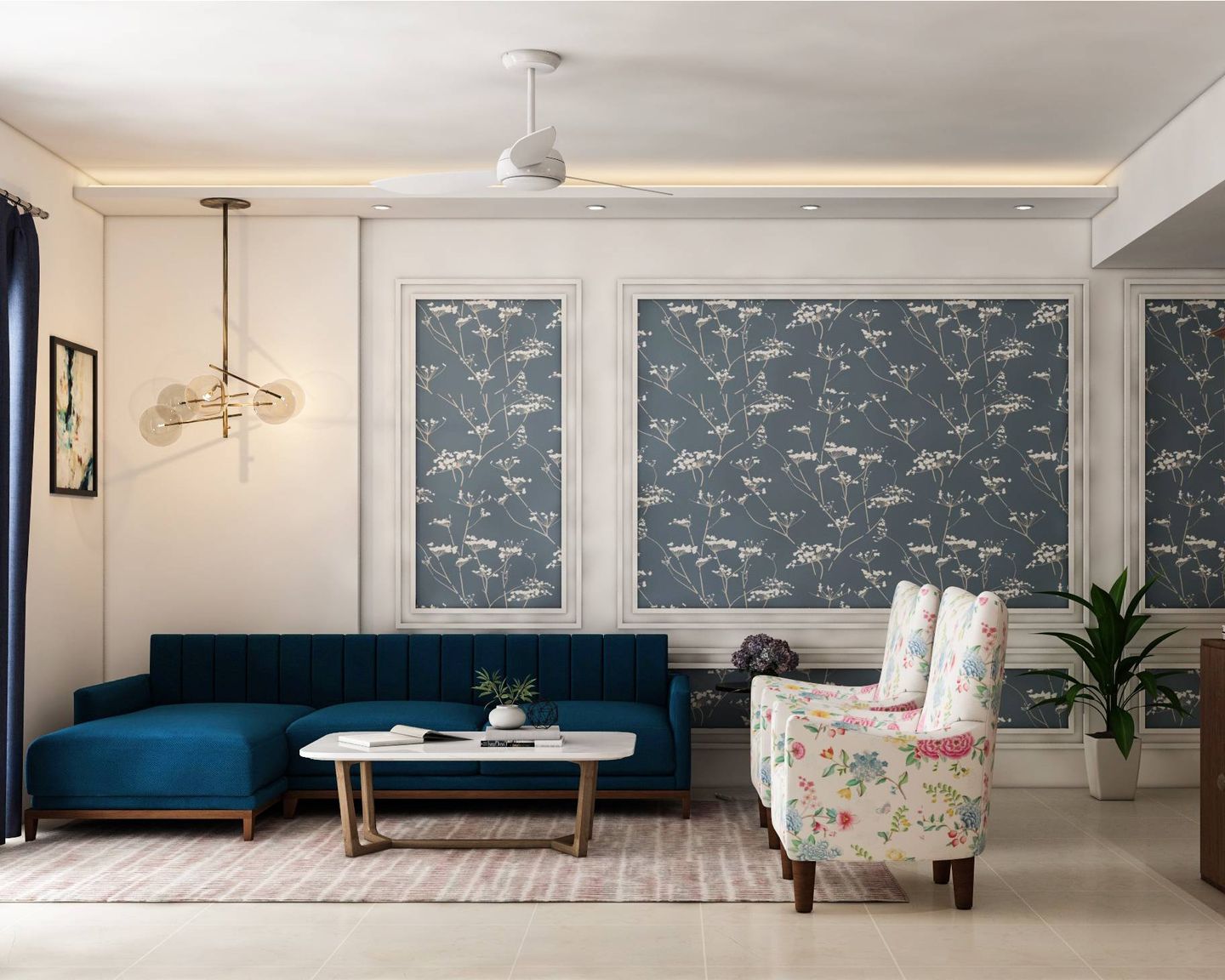 Modern Living Room Design With Floral Patterns And Dark Blue Seaters ...