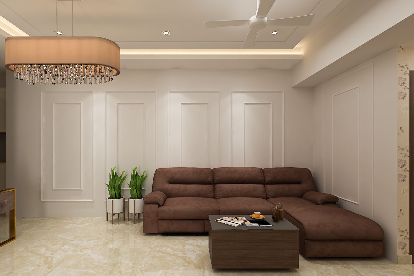 Classy Living Room Design With Chandelier And Brown L-Shaped Sofa ...
