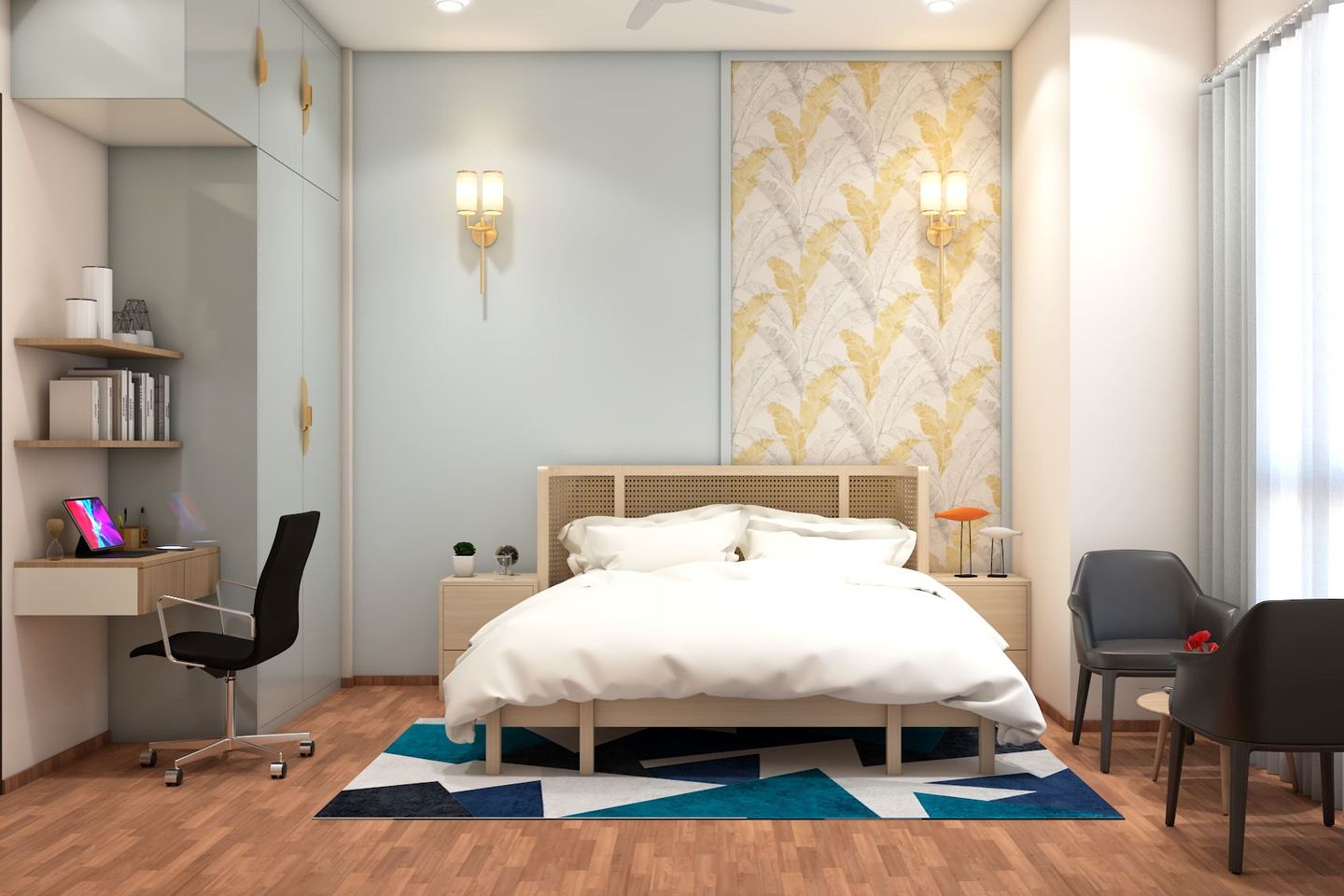 Contemporary Master Bedroom Design With Desk And Tea Table Livspace