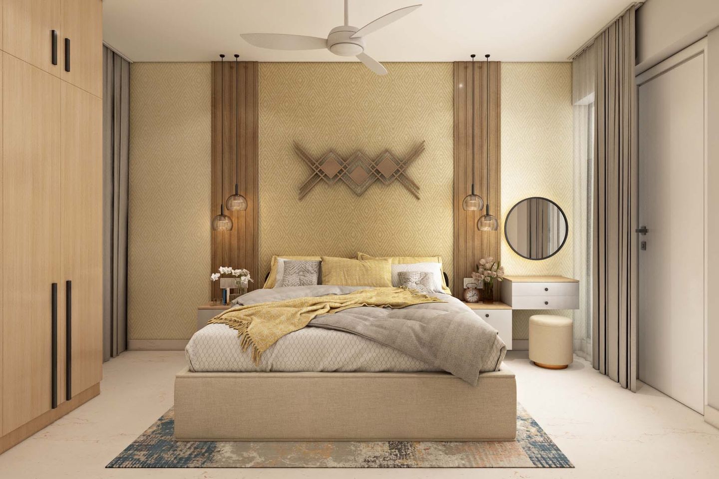 Spacious Master Bedroom Design With Beige Bed | Livspace