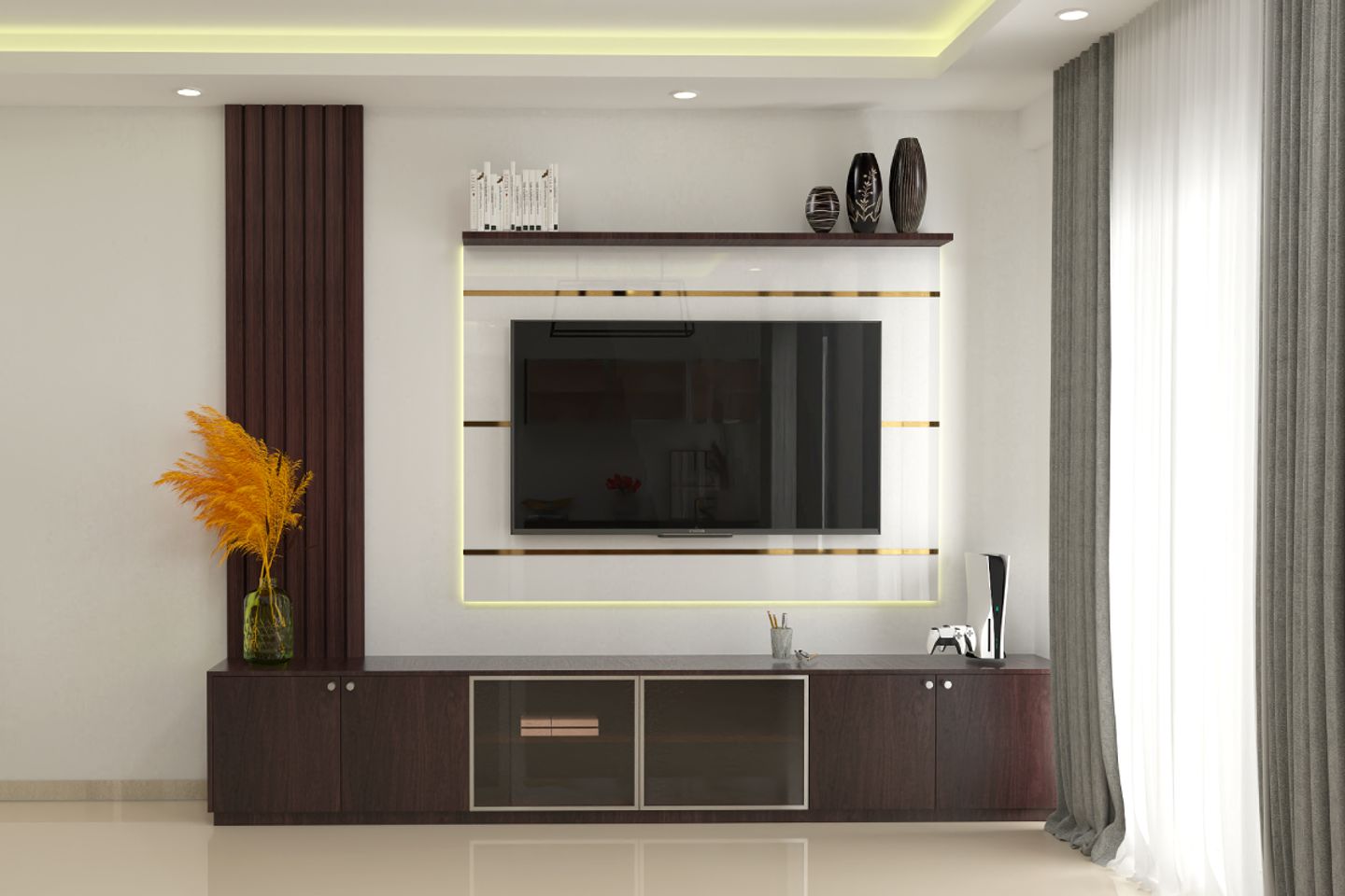 Compact Tv Unit Design With Wooden Laminate 