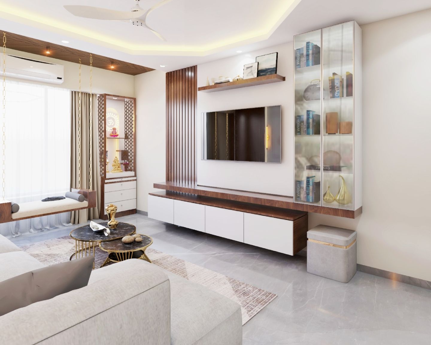 White And Wood TV Unit Design With Fluted Panels 12x12 Ft Livspace