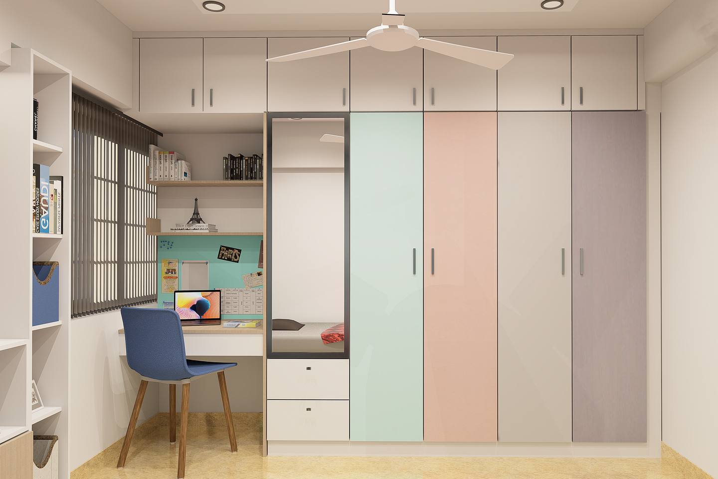 Colourful Hinged Modern Wardrobe Design with Loft and Mirror | Livspace