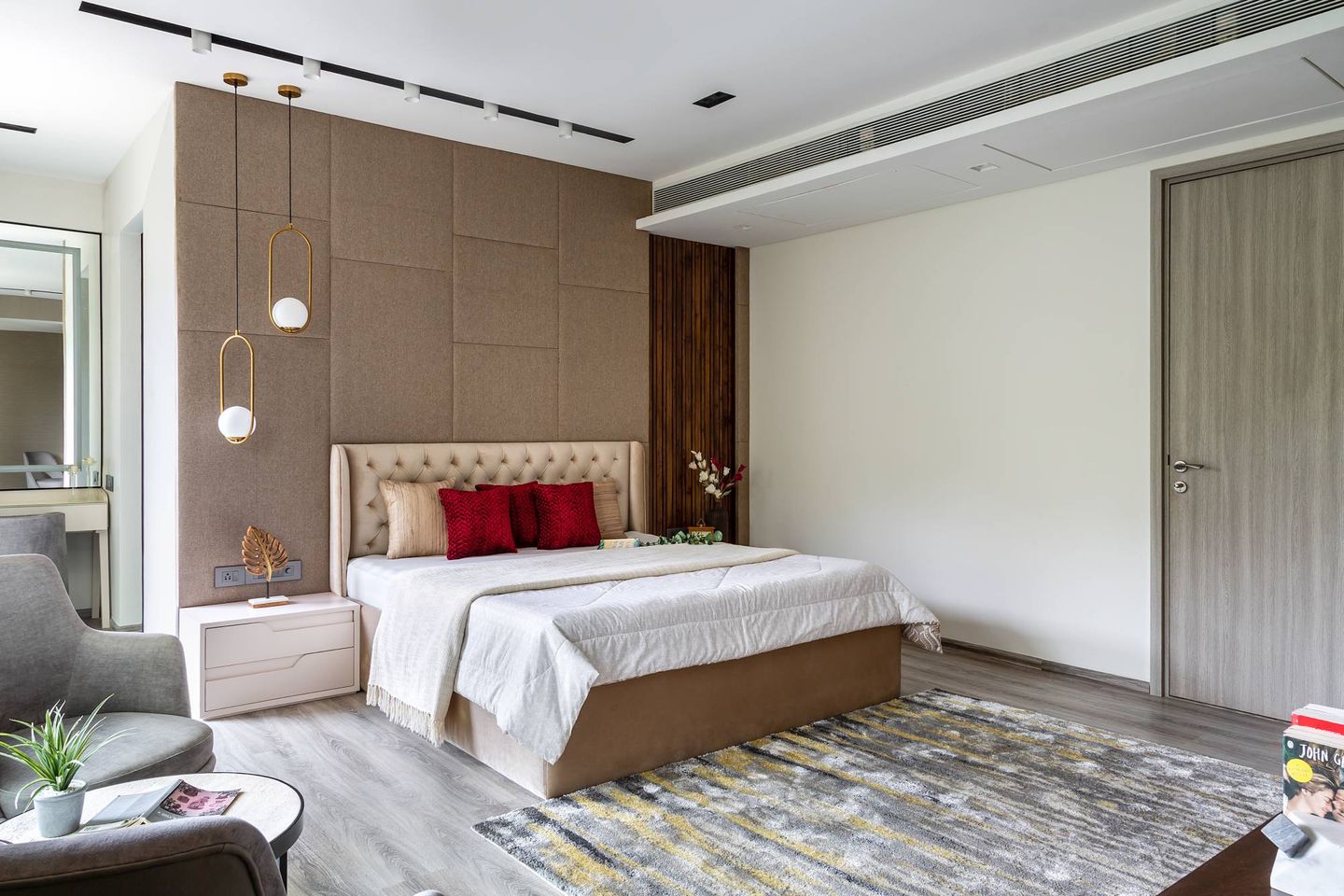 Master Bedroom Design With Fluted Wood Panelling For The Headboard Wall ...