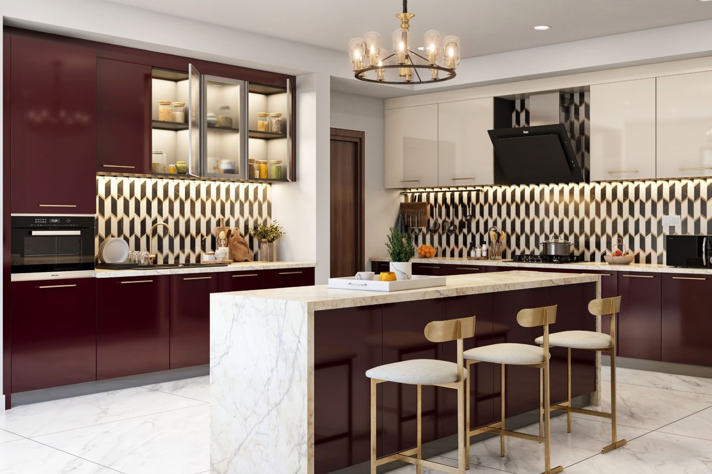 Ceramic Black And White Tile Wall For Kitchen | Livspace