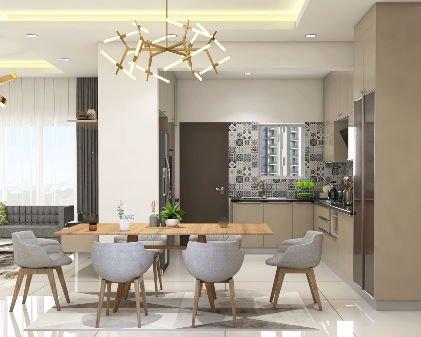 6-Seater Grey And Wood Dining Room Design With Ornate Chandelier | Livspace