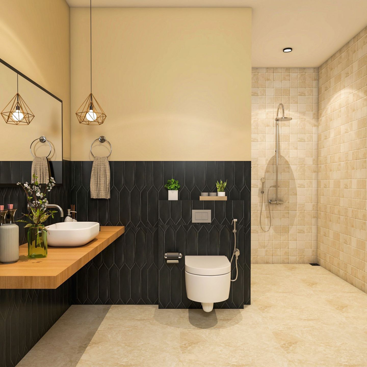 Beige And Black Bathroom Design With Single Wooden Countertop And ...