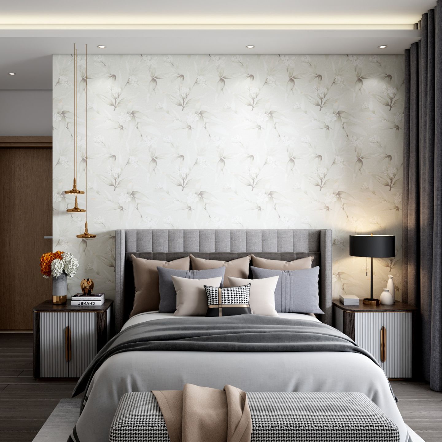 Bedroom Wallpaper Design With White And Grey Floral Motifs | Livspace