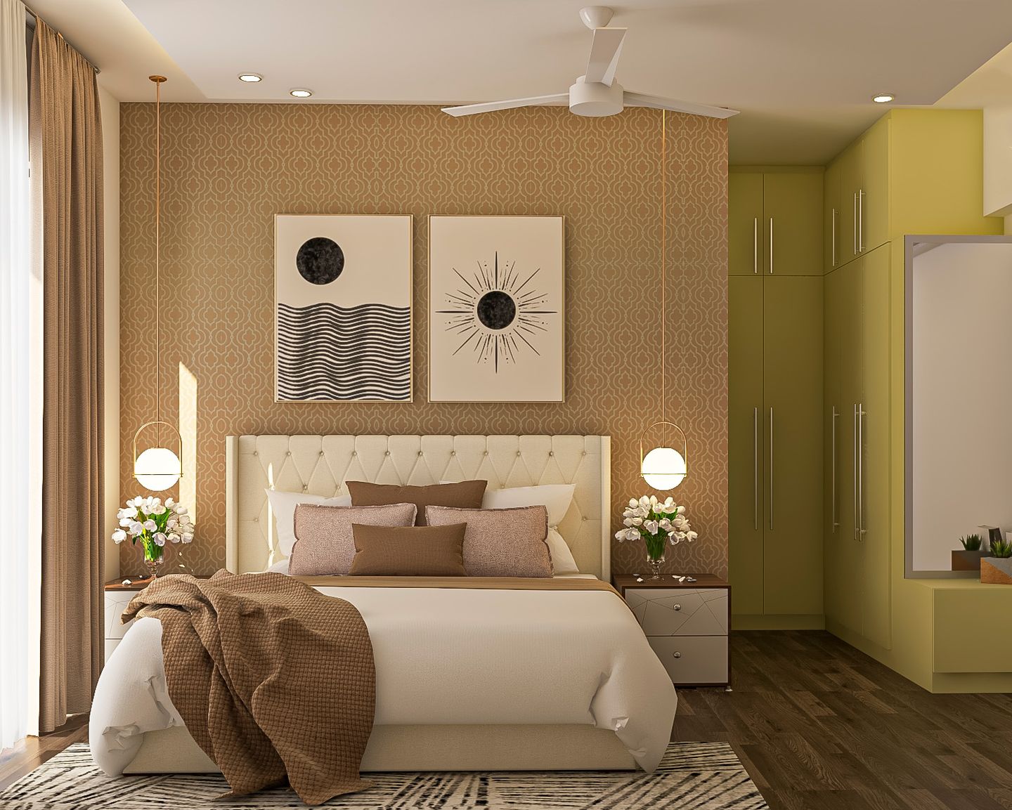 Brown Bedroom Wallpaper Design With Arabesque Motifs | Livspace