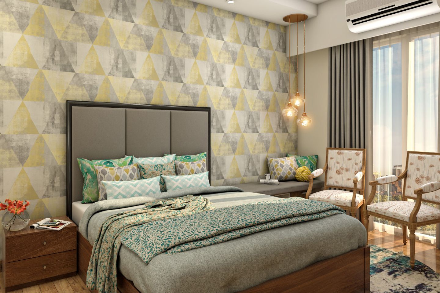 Geometric Grey And Yellow Bedroom Wallpaper Design With Contemporary ...