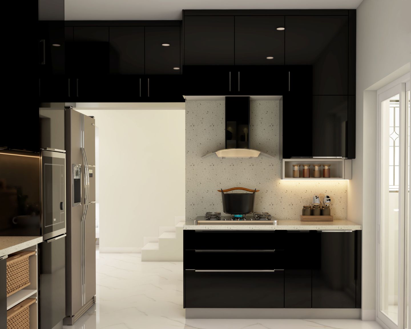 Black Modern Modular Kitchen Design With Terrazzo Backsplash | Livspace
